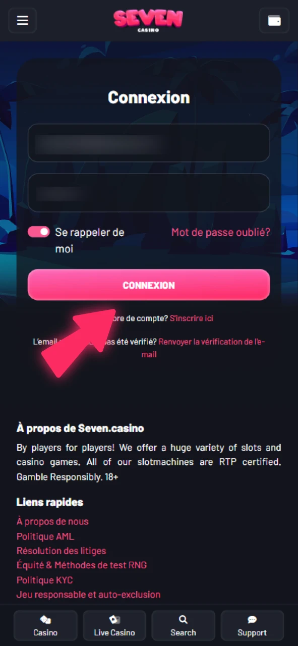 Cliquez sur le bouton Connexion et passez par la procédure 2FA sur Seven Casino.