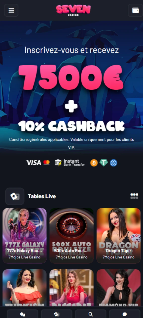 L'interface conviviale de la page d'accueil de Seven Casino propose de nombreux jeux de casino populaires.