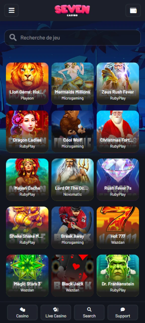 Jouez à vos machines à sous préférées, au blackjack et à d'autres jeux sur le site Seven Casino.