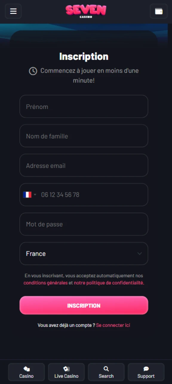 Inscrivez-vous rapidement sur le site Seven Casino et accédez à plus de 2000 jeux et paris sportifs!