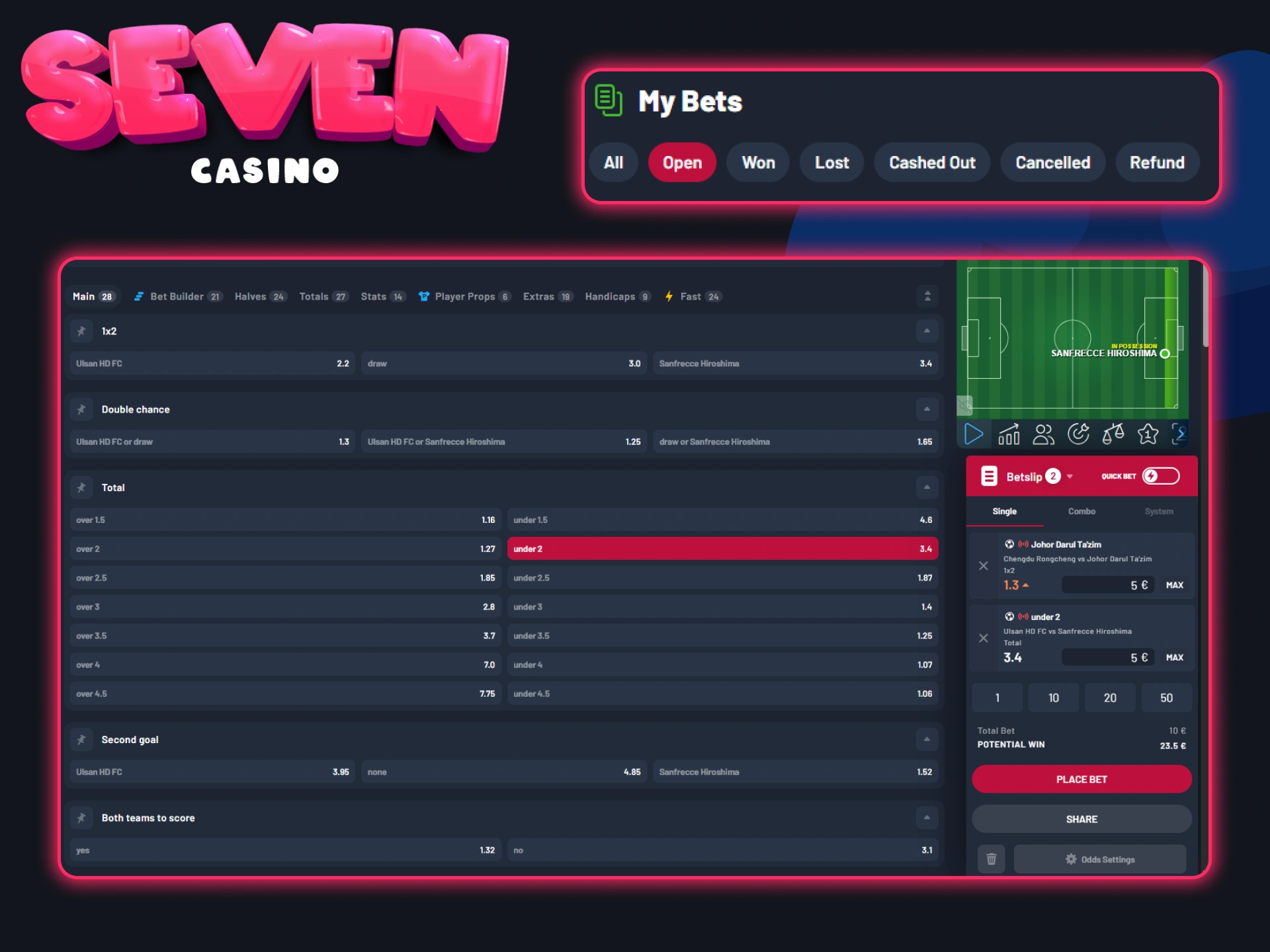 Suivez vos paris sur plusieurs matchs en temps réel sur Seven Casino.