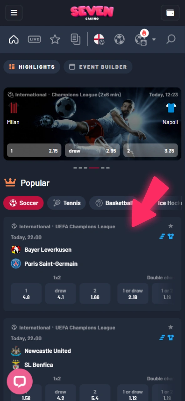 Accédez à l'onglet Sport via le menu Seven Casino.