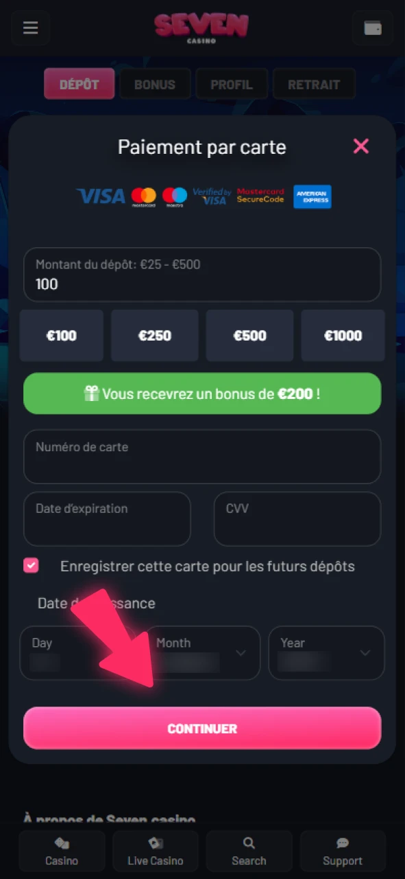 Ajoutez une carte ou une cryptomonnaie à votre compte Seven Casino.