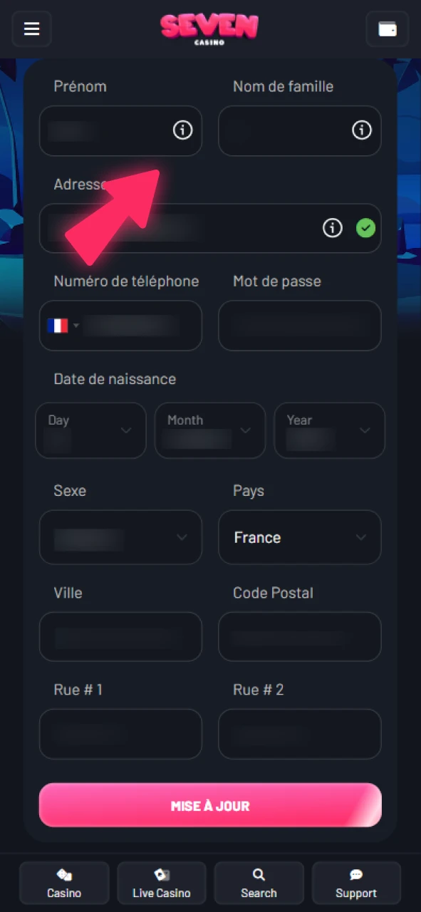 Remplissez les informations personnelles dans votre profil Seven Casino.