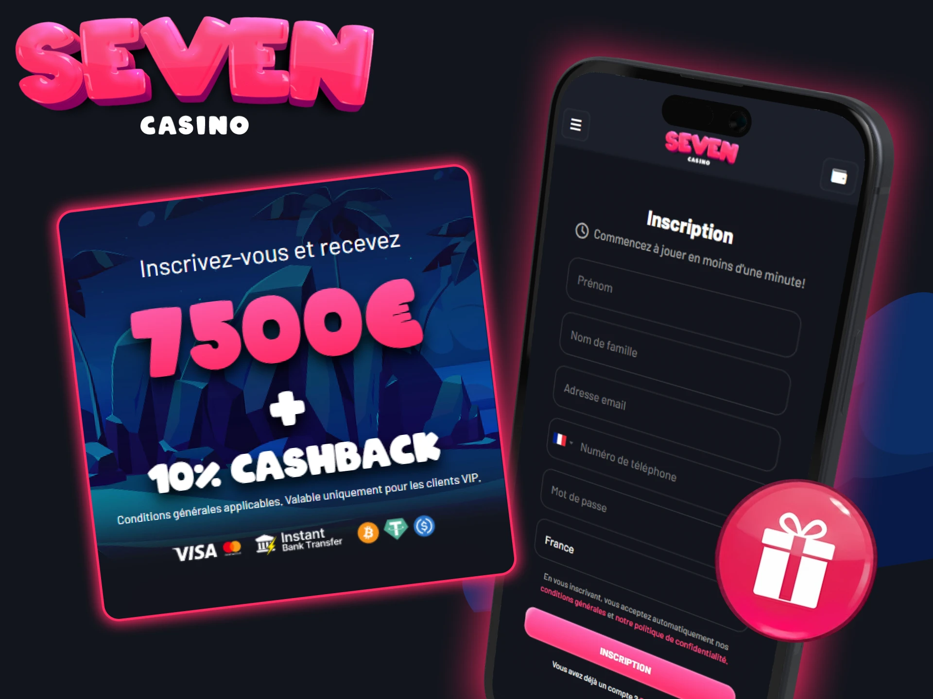 Après votre inscription, sélectionnez les bonus de bienvenue dans la version mobile de Seven Casino.