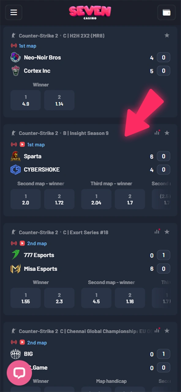 Dans la section Sports de la version mobile de Seven Casino, sélectionnez le sport sur lequel vous souhaitez parier.