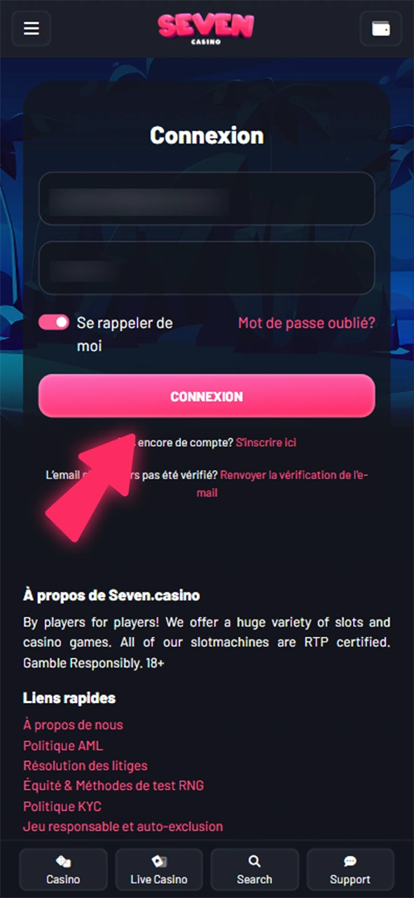 Pour placer des paris, connectez-vous à la version mobile de Seven Casino.