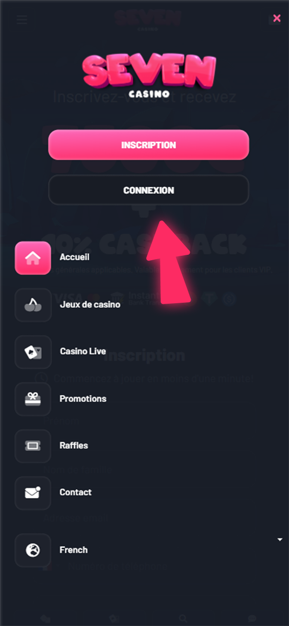 Ouvrez l'application iOS Seven Casino et connectez-vous ou inscrivez-vous pour accéder aux jeux et aux paris sportifs.