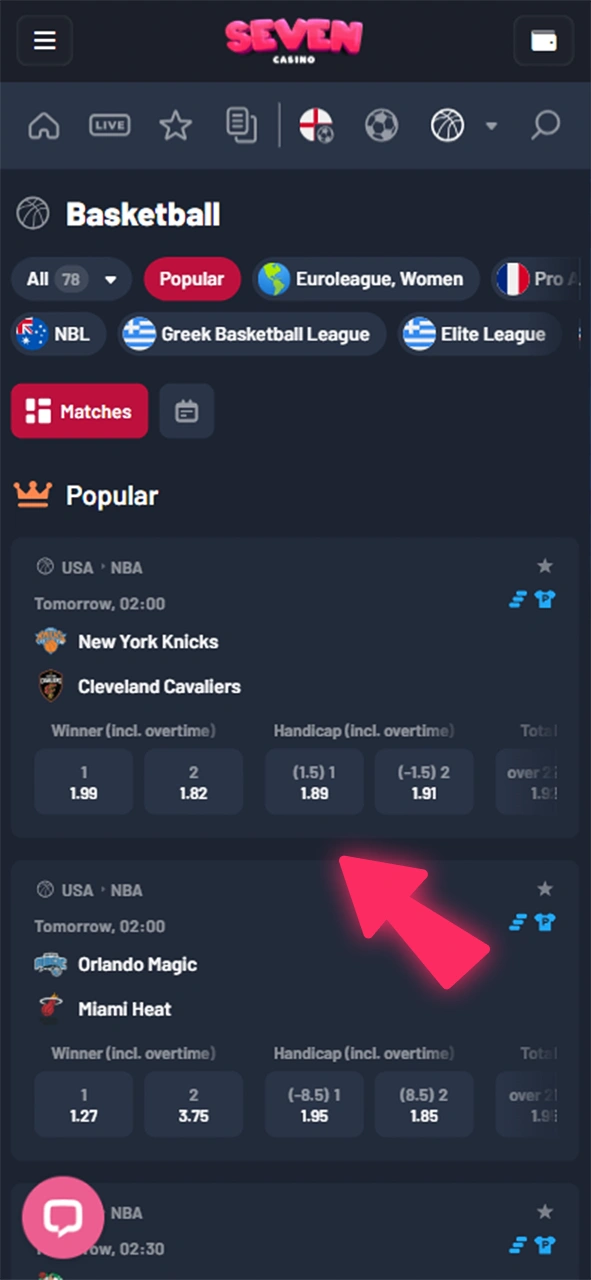 Accédez à l’onglet souhaité de l’application iOS Seven Casino et sélectionnez le sport ou le jeu souhaité.