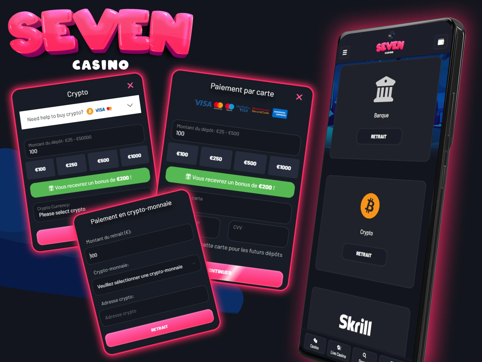 Déposez et retirez des fonds rapidement et facilement en utilisant les méthodes de paiement disponibles dans la version mobile et l'application Seven Casino.