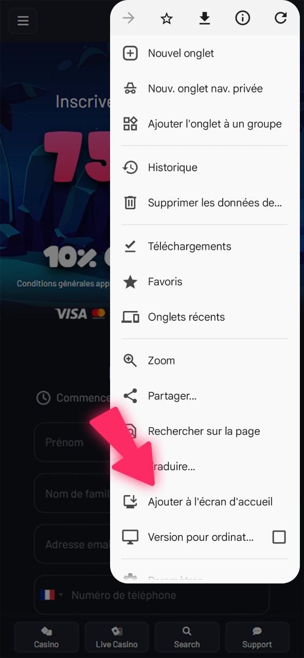 Ajoutez Seven Casino à votre écran d'accueil Android.
