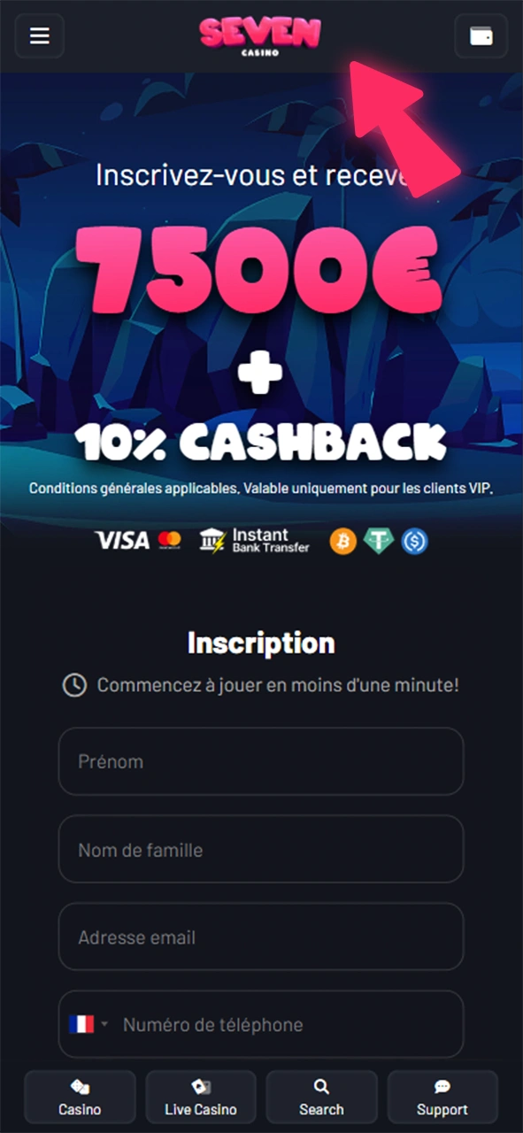 Accédez à la page principale du Seven Casino dans Google Chrome.