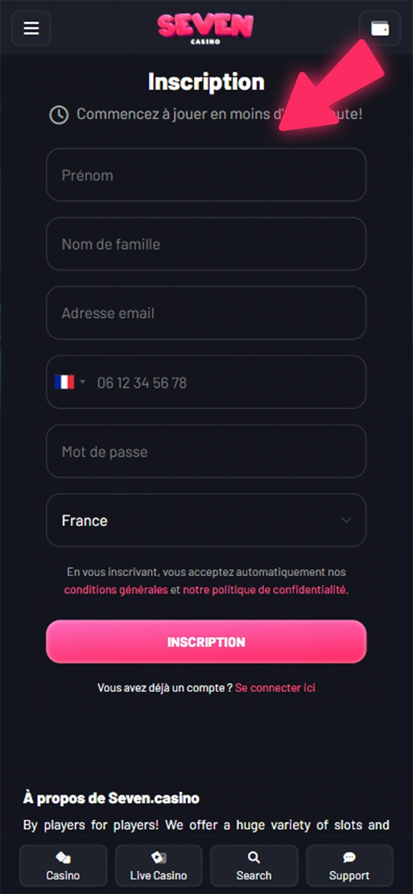 Créez un compte pour accéder à Aviator Seven Casino.