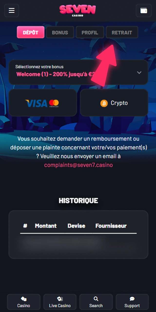 Connectez-vous à votre profil via l'application Seven Casino pour effectuer un dépôt ou un retrait.