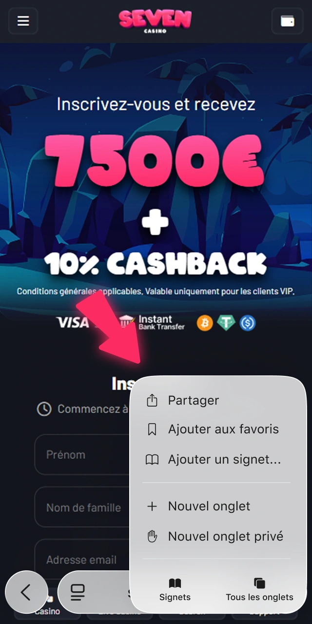 Accédez aux paramètres de votre navigateur sur le site Web de Seven Casino et cliquez sur Partager.