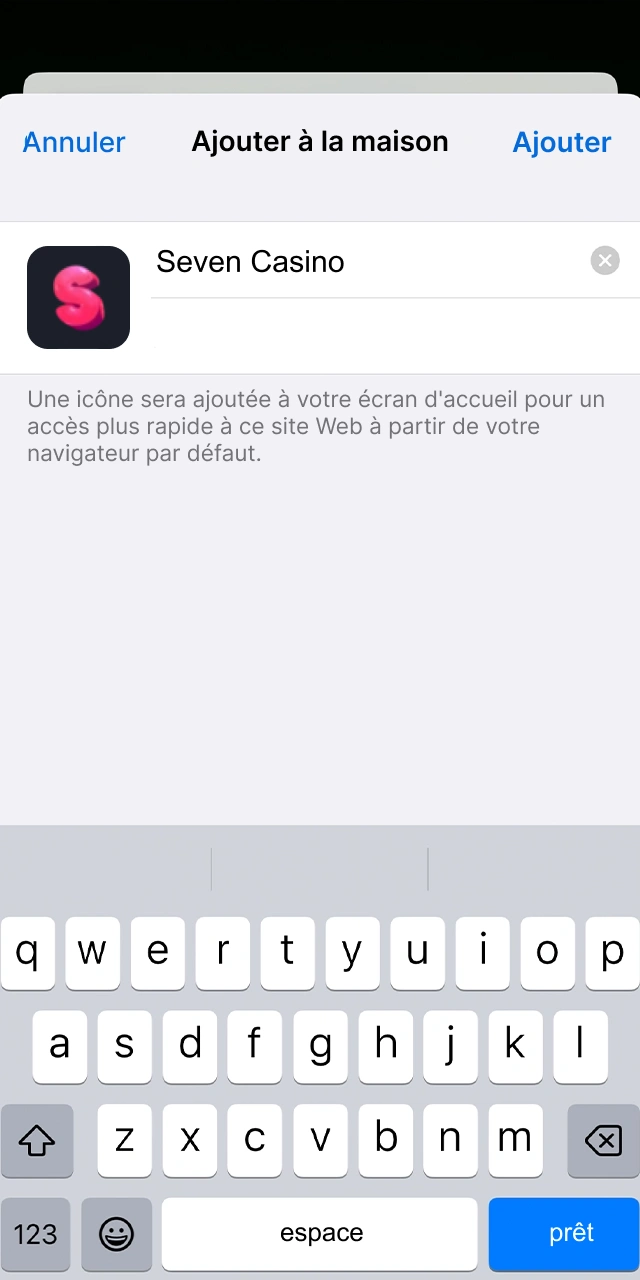 Ajoutez l'application Seven Casino à votre écran d'accueil iOS.