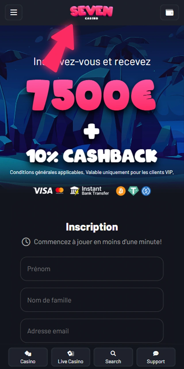 Accédez à la page principale de Seven Casino sur votre iOS.