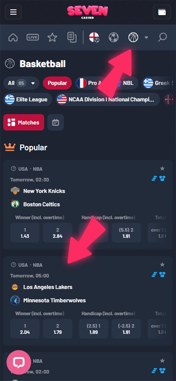 Dans l'onglet Sports de Seven Casino, recherchez Volleyball et sélectionnez le match souhaité.