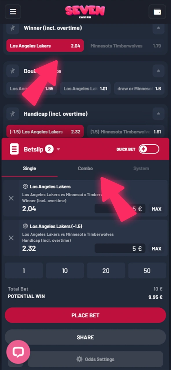 Cliquez sur le pari et sélectionnez son type sur Seven Casino.