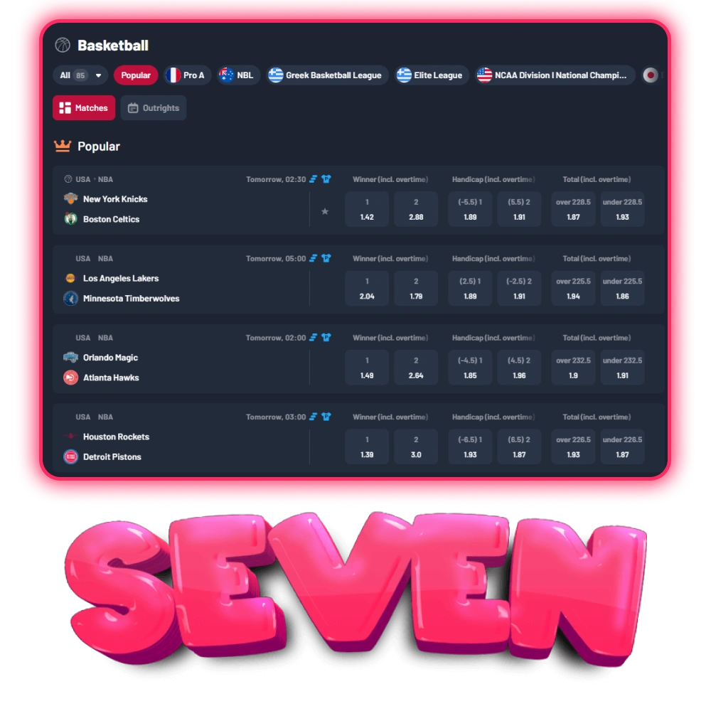 Pariez sur les matchs de basket-ball en ligne avant le match ou en temps réel sur Seven Casino.