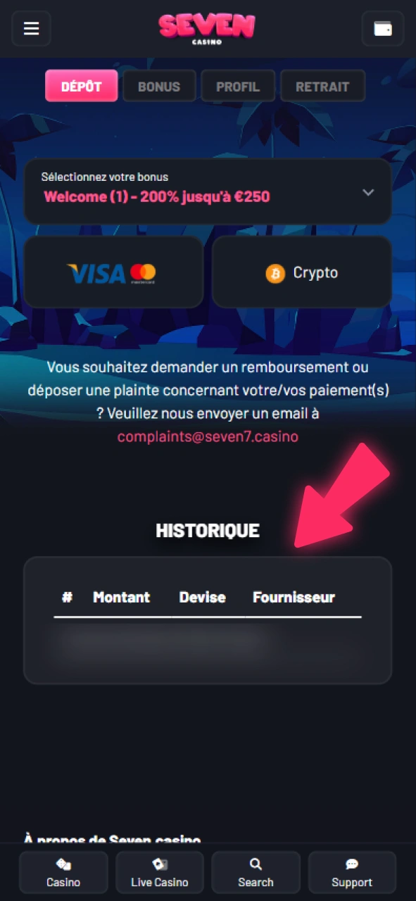 Jouez de manière responsable et surveillez votre historique de transfert sur Seven Casino.