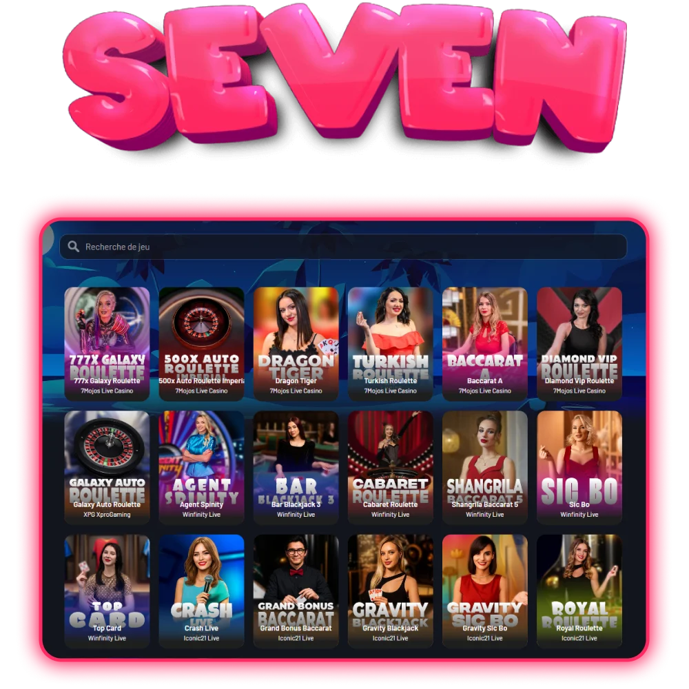 Jouez à des jeux de casino avec croupier en direct dans le confort de votre maison au Seven Casino.