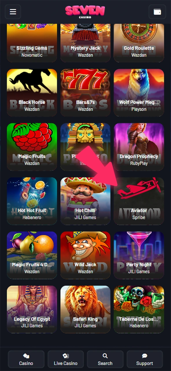 Ouvrez l'onglet Casino et sélectionnez le jeu souhaité sur Seven Casino.