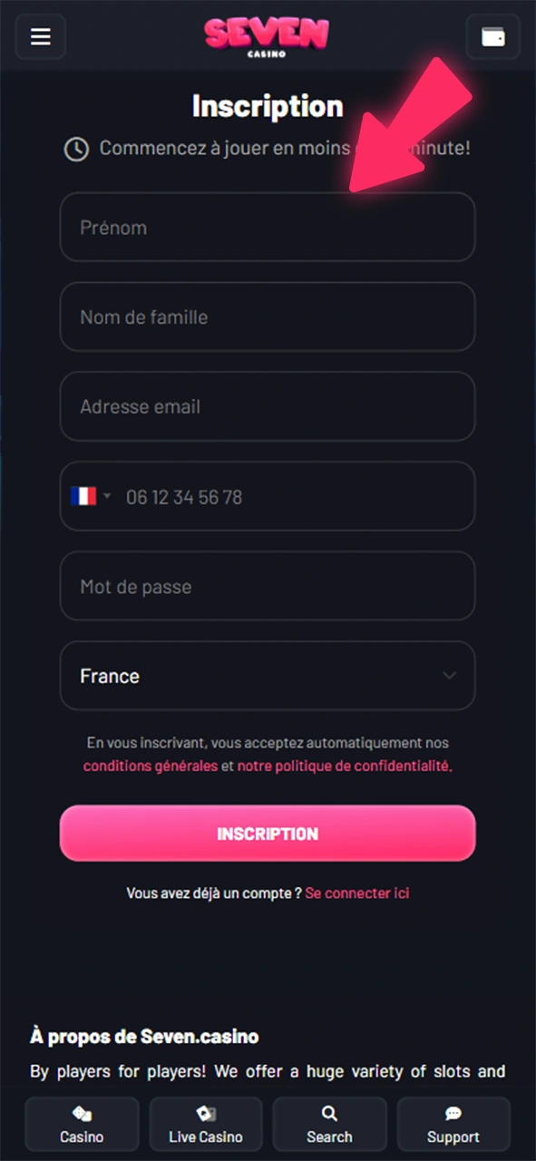Inscrivez-vous au Seven Casino.