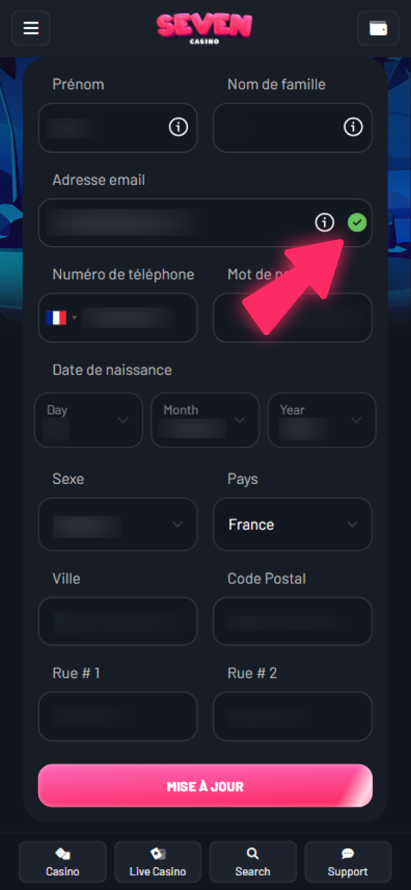 Une adresse e-mail vérifiée est indiquée par une coche dans votre profil Seven Casino.