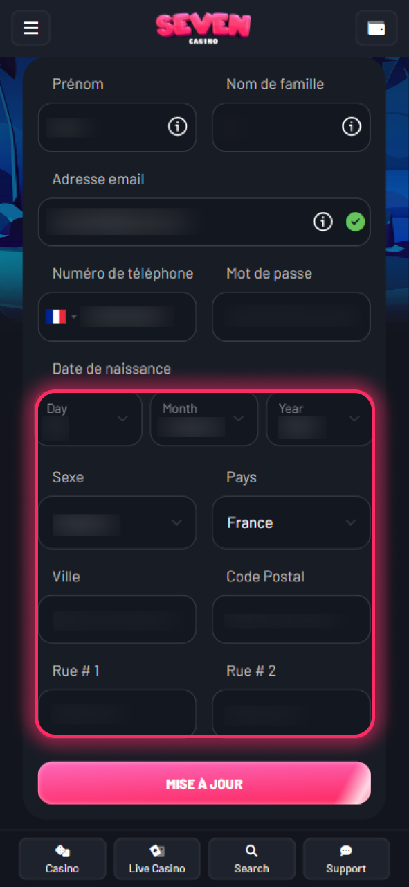 Remplissez les informations restantes sur votre profil Seven Casino.