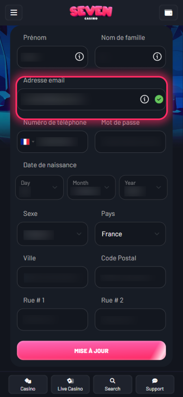 Confirmez l'e-mail lié à votre compte Seven Casino.