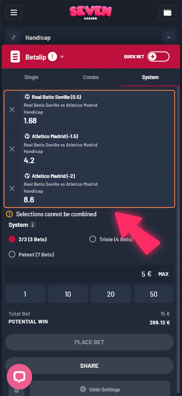 Entrez le montant de votre mise souhaité sur Seven Casino.
