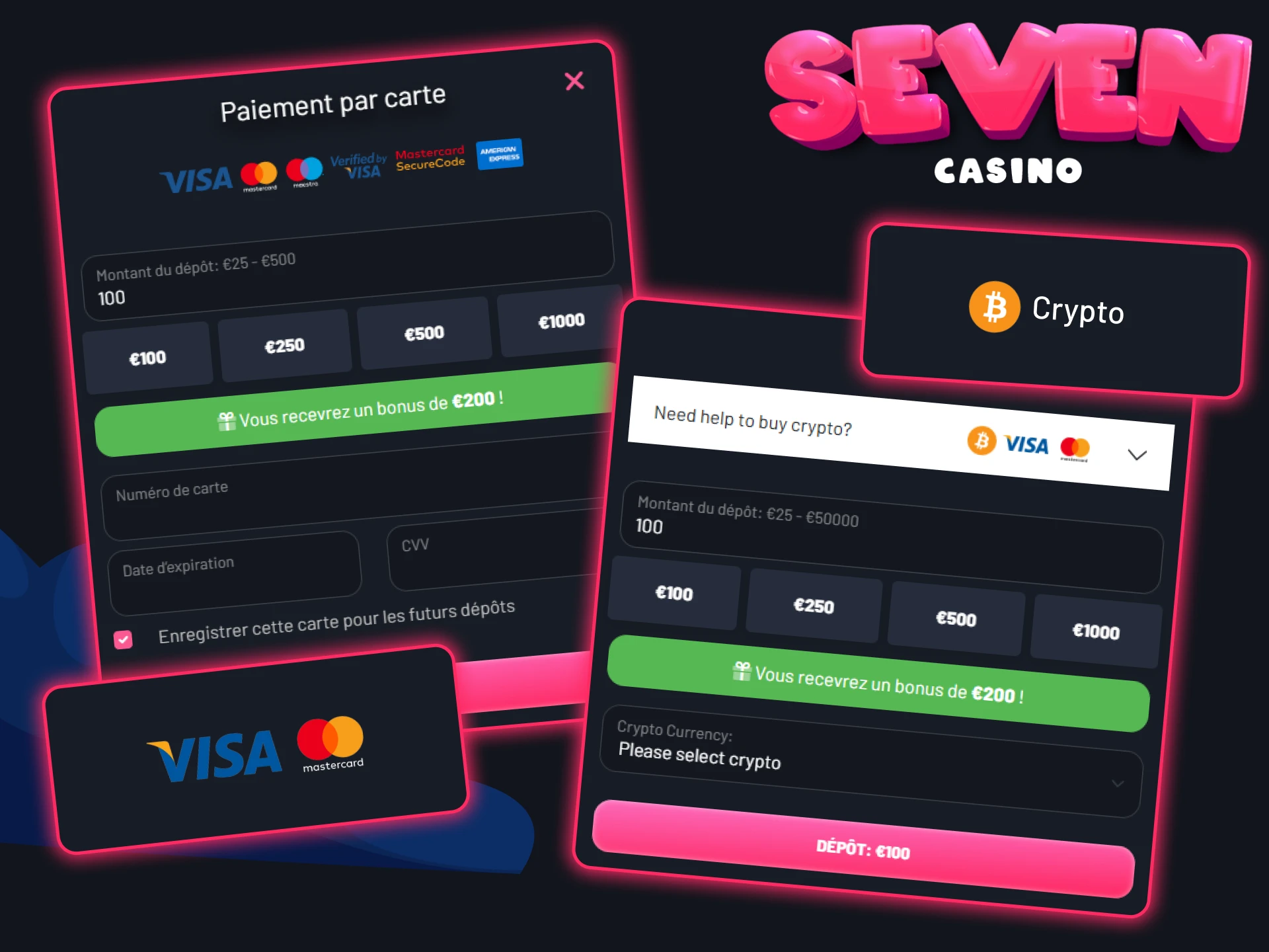 Il existe plusieurs options pour recharger le solde de votre compte Seven Casino.