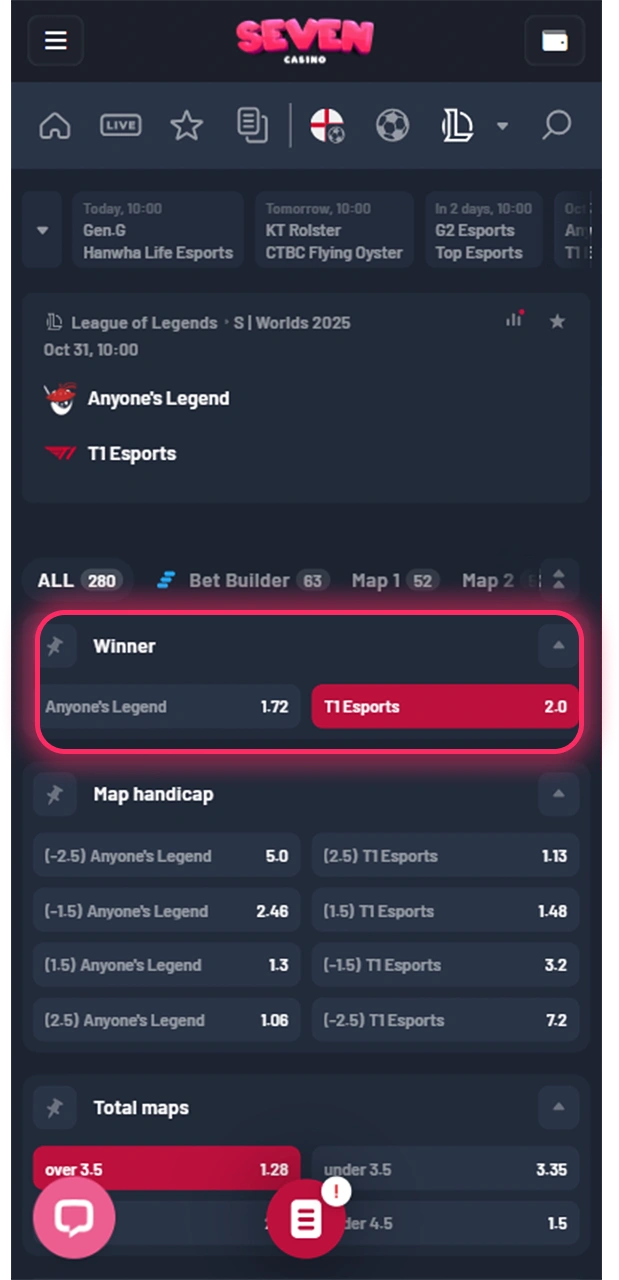 Sélectionnez la compétition souhaitée et placez votre pari sur Seven Casino.