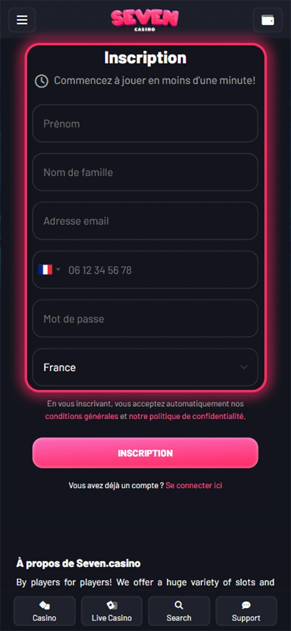 Pour commencer à parier sur l'eSport, créez un compte sur Seven Casino.