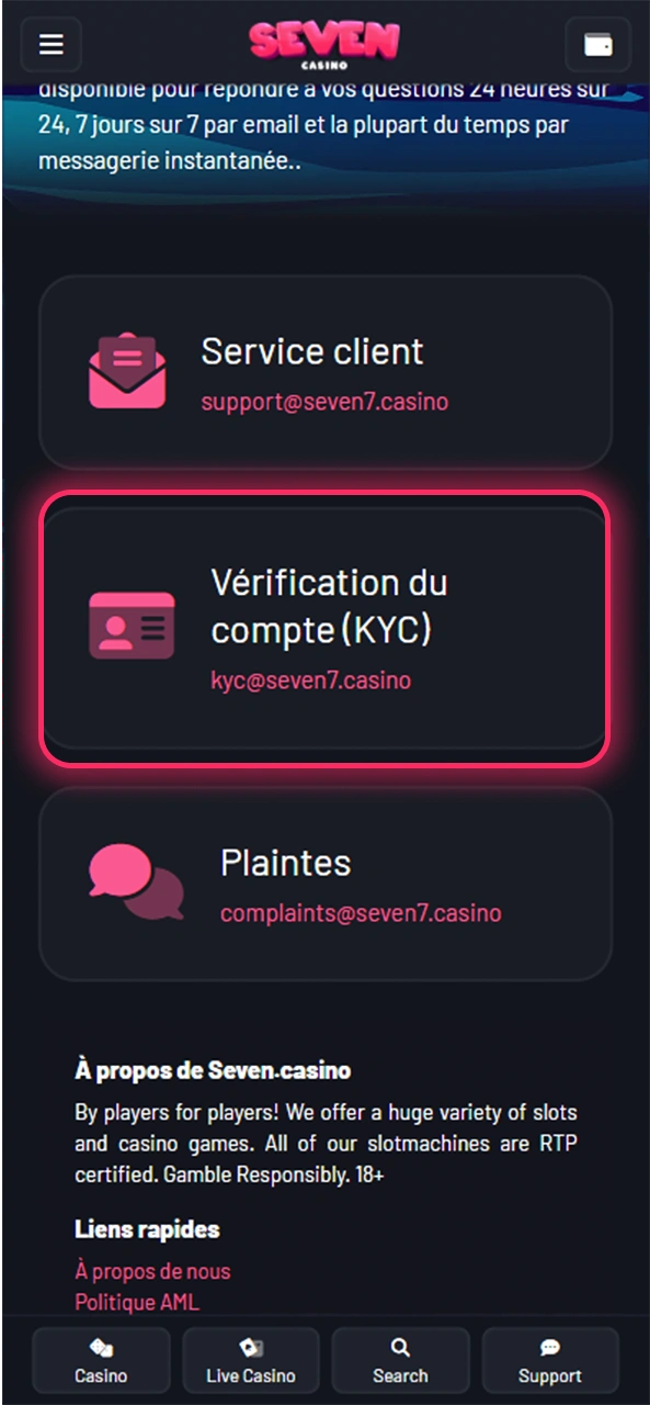Vérifiez votre identité en envoyant un e-mail à Seven Casino.