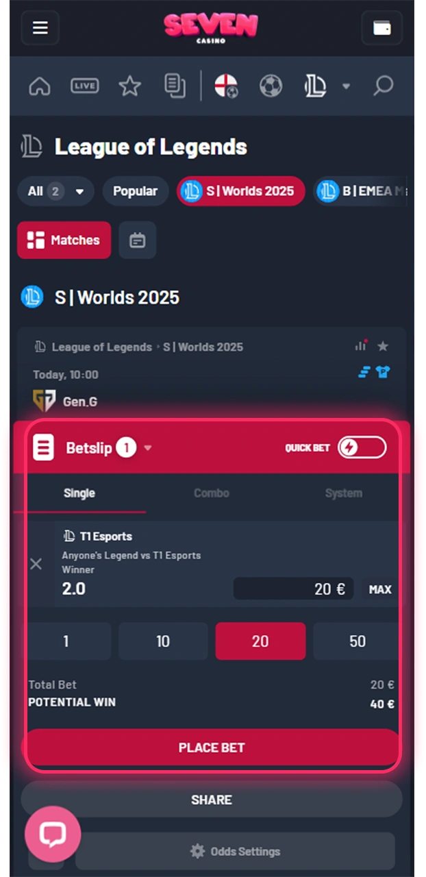 Saisissez le montant de votre mise et sélectionnez votre type de mise sur le site officiel de Seven Casino.