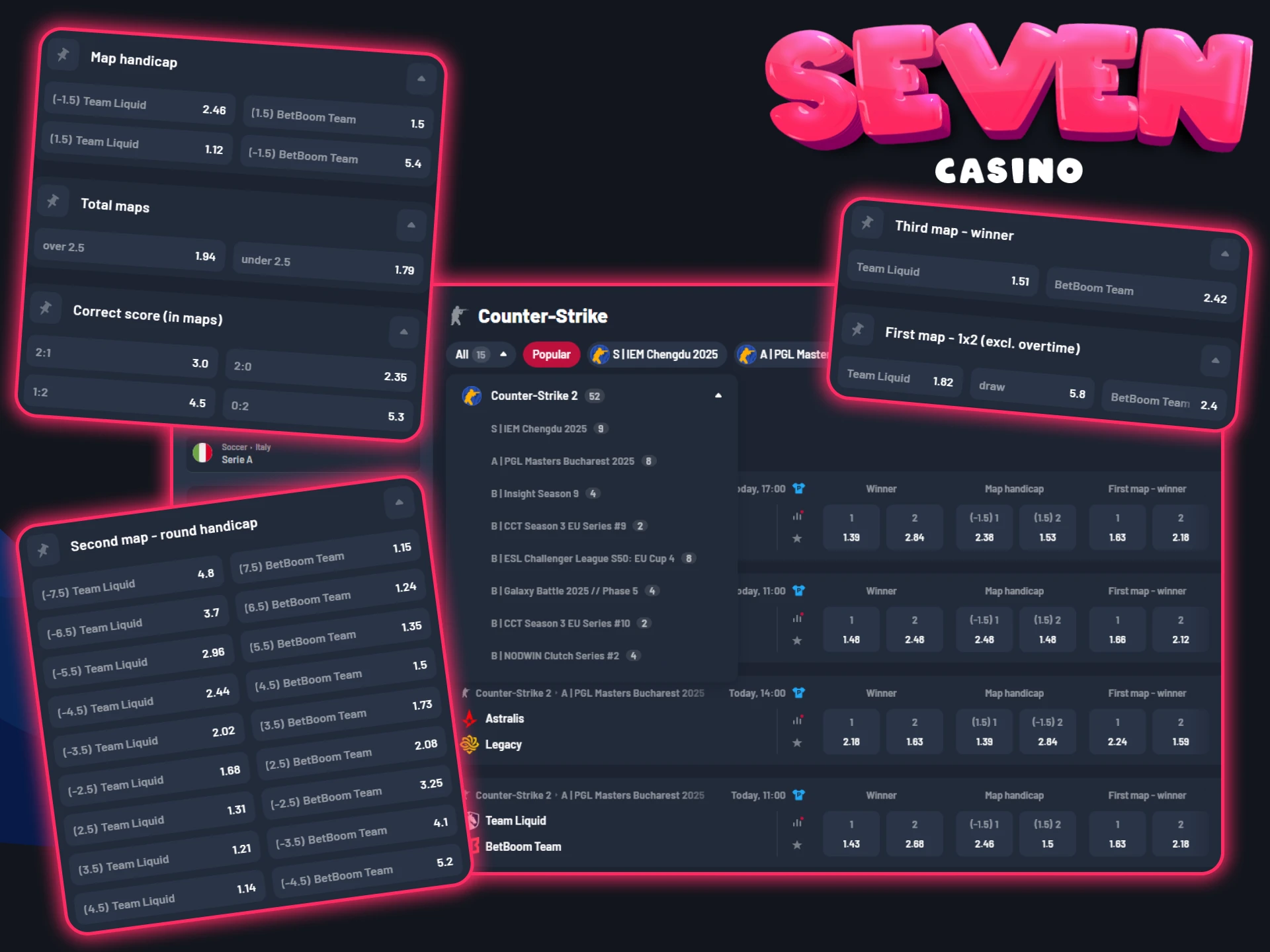 Placez vos paris sur CS2 avant ou pendant le match sur le site officiel de Seven Casino.