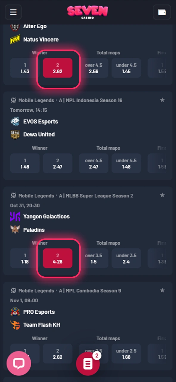 Sélectionnez la compétition souhaitée et placez un pari dans l'application mobile Seven Casino.
