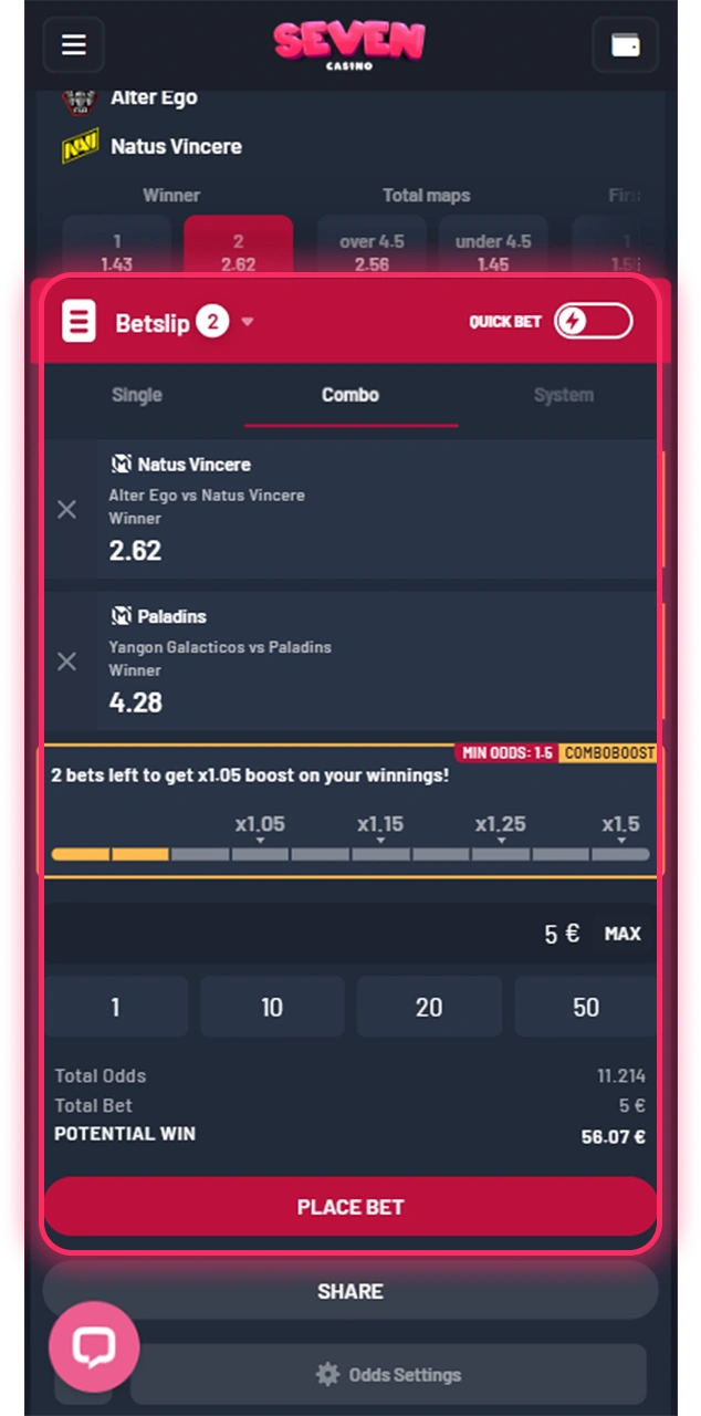 Entrez le montant de la mise et confirmez-le dans l'application officielle Seven Casino.