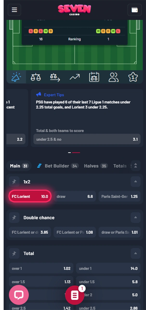 Consultez les cotes et faites votre choix au Seven Casino.