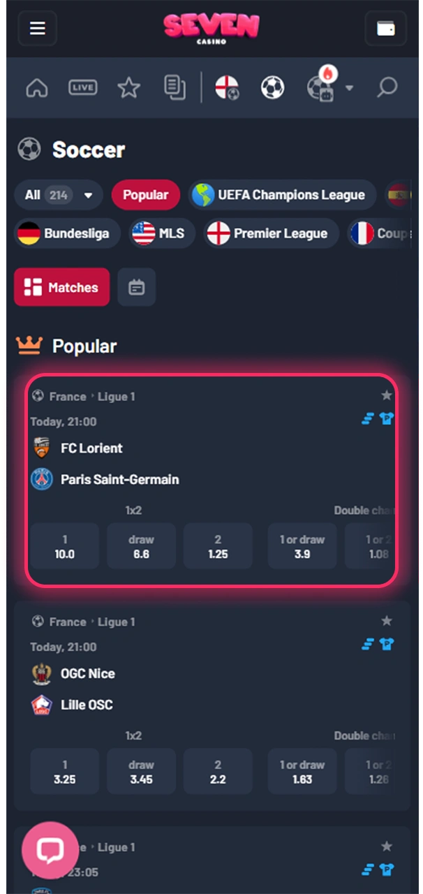 Cliquez sur le match souhaité pour accéder au site officiel de Seven Casino et parier dessus.