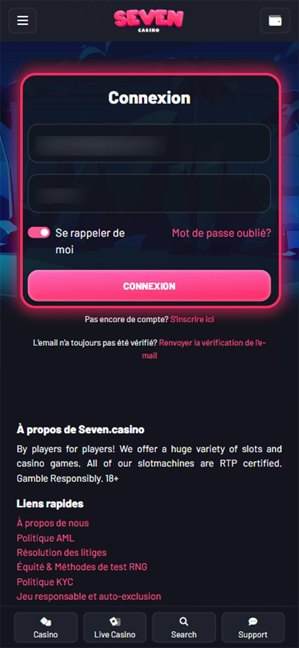 Saisissez votre identifiant et votre mot de passe pour vous connecter à votre compte Seven Casino.