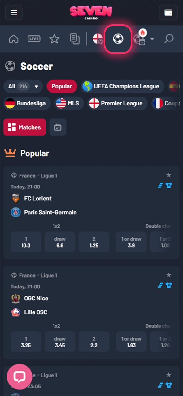 Dans l'onglet Sports du Seven Casino, sélectionnez Football.