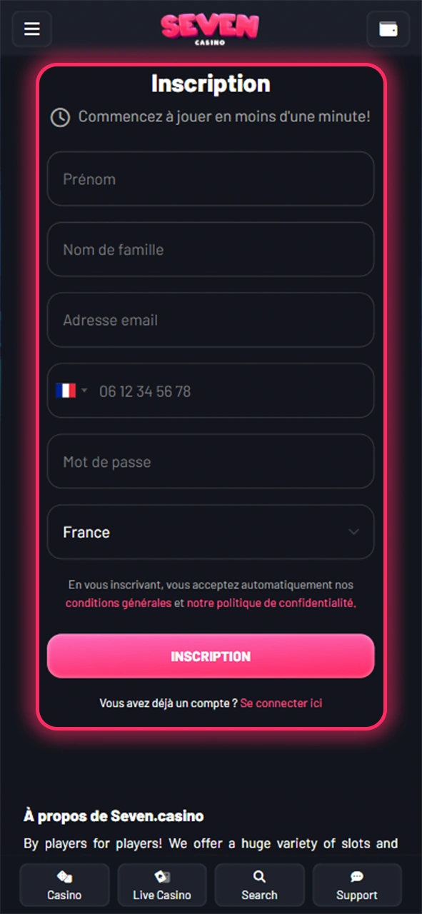 Créez un compte sur Seven Casino et vérifiez-le.