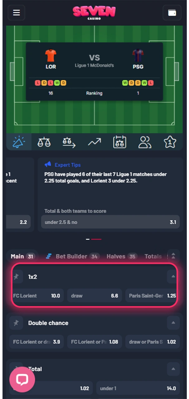 Sélectionnez le type de pari que vous souhaitez placer au Seven Casino.