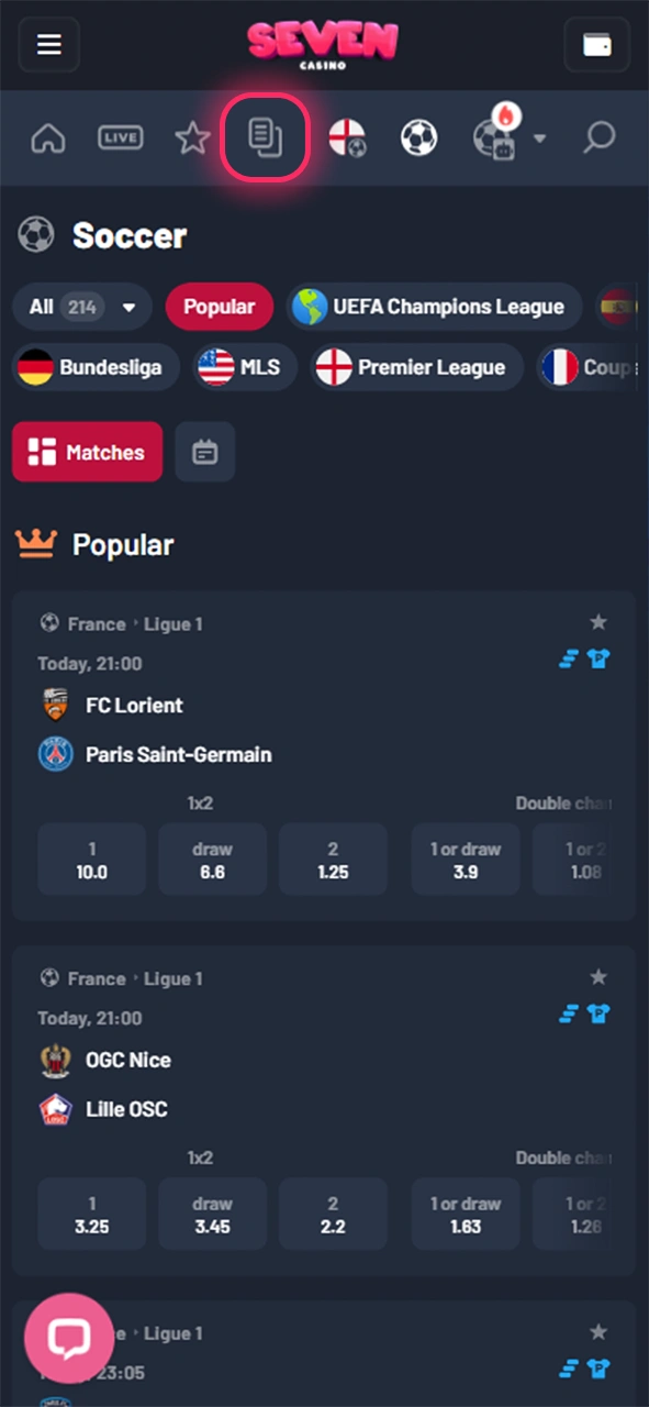 Vous pouvez consulter votre historique de paris et voir vos paris en cours sur Seven Casino.