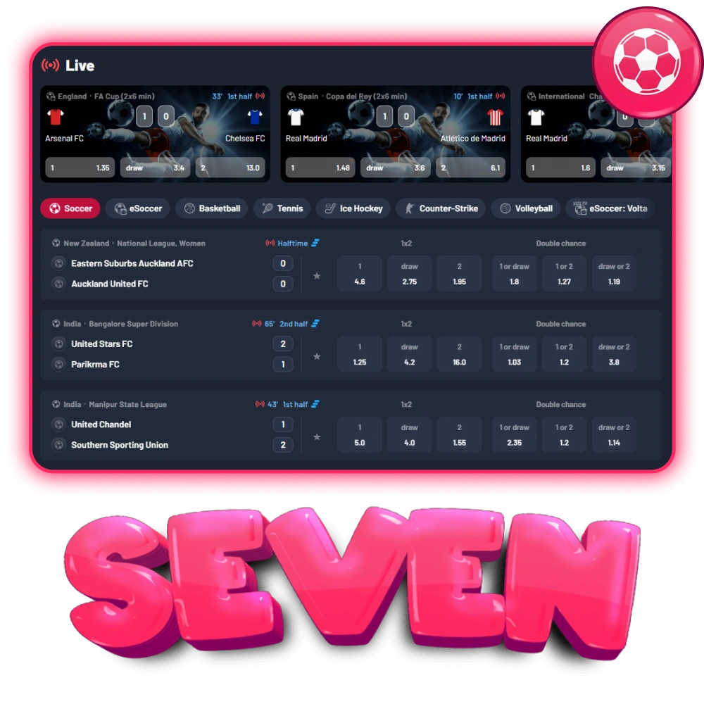 Pariez sur les matchs de football, les buts et les équipes sur le site officiel de Seven Casino.