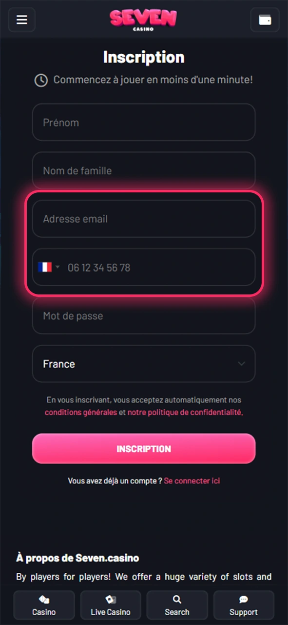 Remplissez les champs adresse e-mail et numéro de téléphone du formulaire d’inscription de Seven Casino.