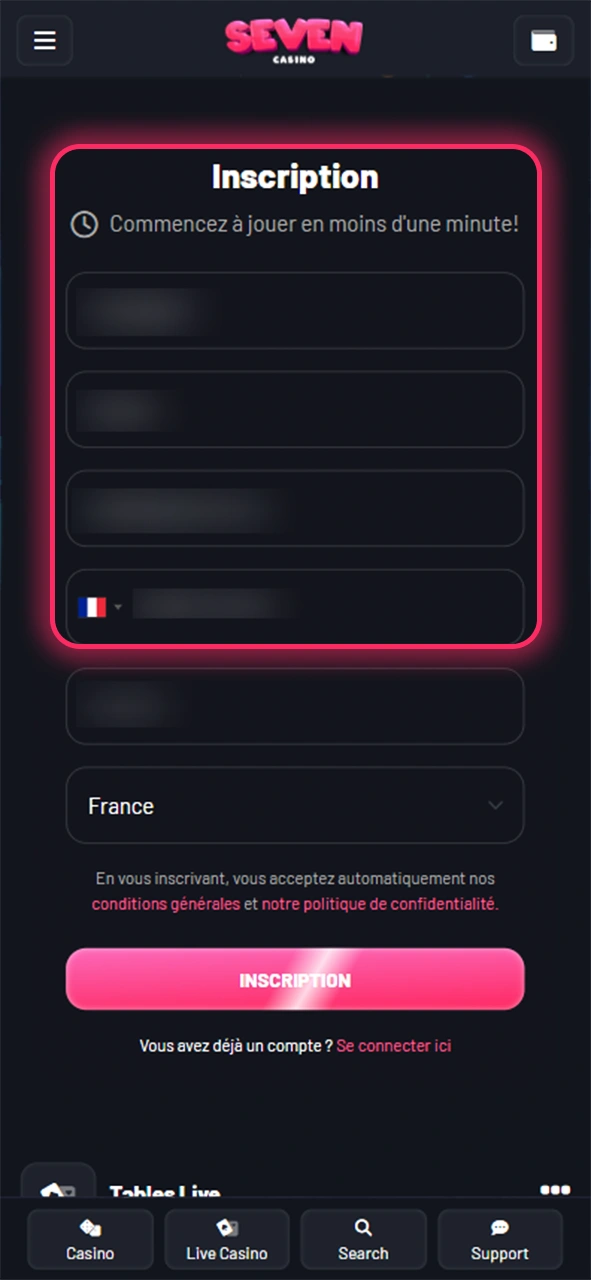 Remplissez les champs avec vos informations personnelles dans le formulaire d'inscription de Seven Casino.